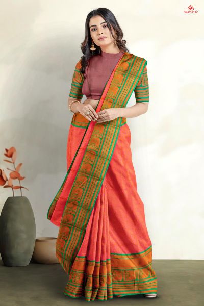 PEACH and GREEN JAAL SILK Saree with FANCY