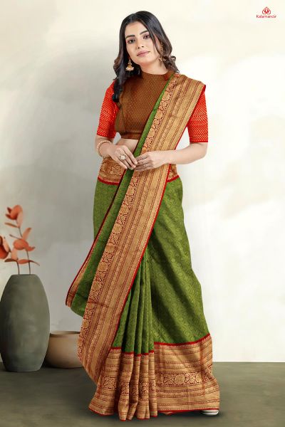 DARK OLIVE GREEN and MAROON JAAL SILK Saree with FANCY