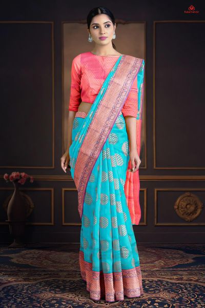 LIGHT BLUE and PURPLE CIRCLES SILK Saree with FANCY