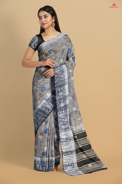 GREY and NAVY BLUE FLORALS SILK Saree with FANCY