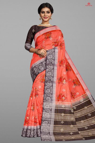 CORAL and NAVY BLUE FLORALS SILK Saree with FANCY