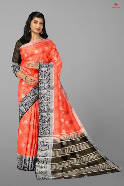 CORAL and NAVY BLUE MOTIFS SILK Saree with FANCY
