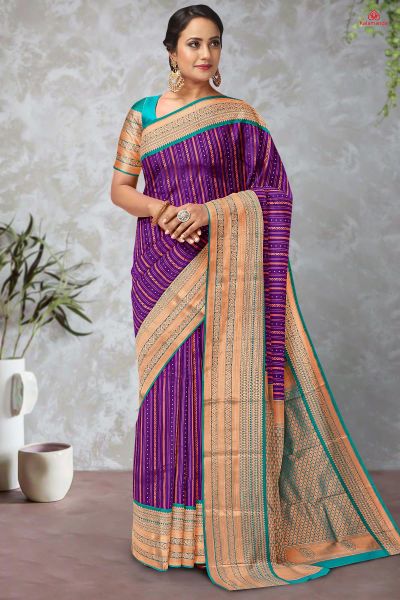 PURPLE and SEA GREEN LINES AND FLORALS SILK Saree with KANCHIPURAM