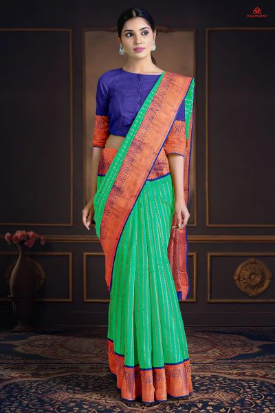 SEA GREEN and DARK BLUE LINES AND FLORALS SILK Saree with KANCHIPURAM