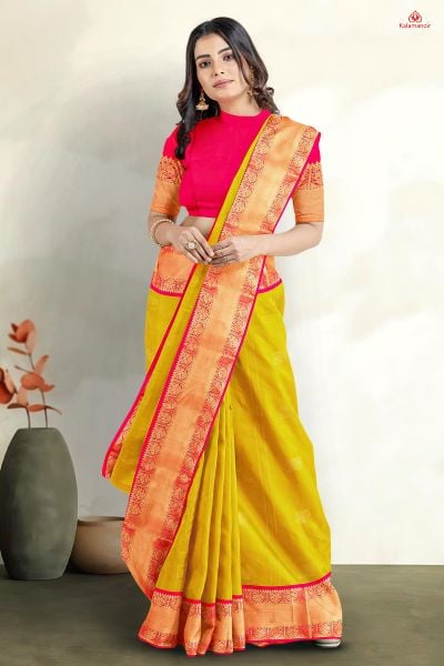 MUSTARD and PINK LINES AND FLORALS SILK Saree with KANCHIPURAM