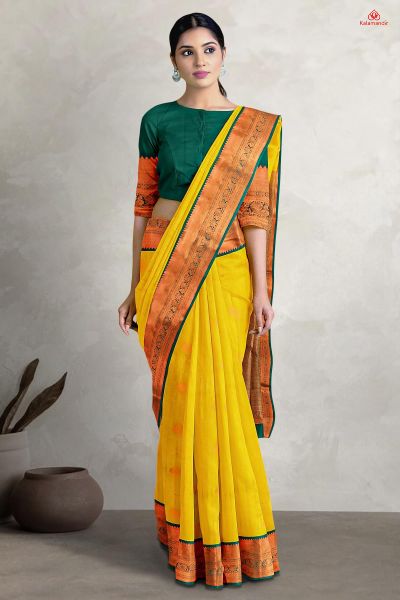 MUSTARD and GREEN LINES AND FLORALS SILK Saree with KANCHIPURAM