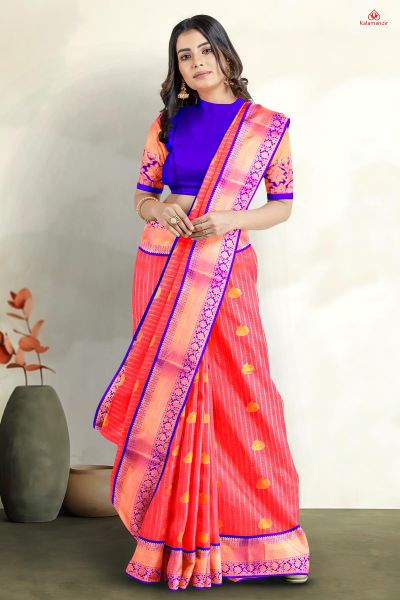 PINK and ROYAL BLUE LINES AND FLORALS SILK Saree with KANCHIPURAM