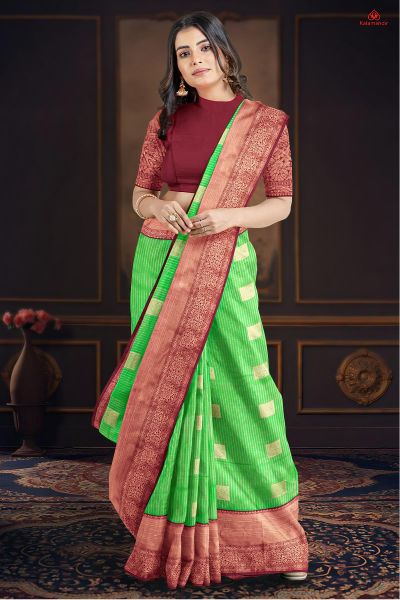 SEA GREEN and MARRON LINES AND FLORALS SILK Saree with KANCHIPURAM