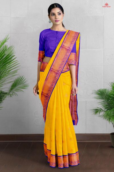 YELLOW and ROYAL BLUE LINES AND FLORALS SILK Saree with KANCHIPURAM
