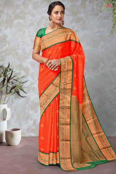 BRICK and GREEN LINES AND FLORALS SILK Saree with KANCHIPURAM