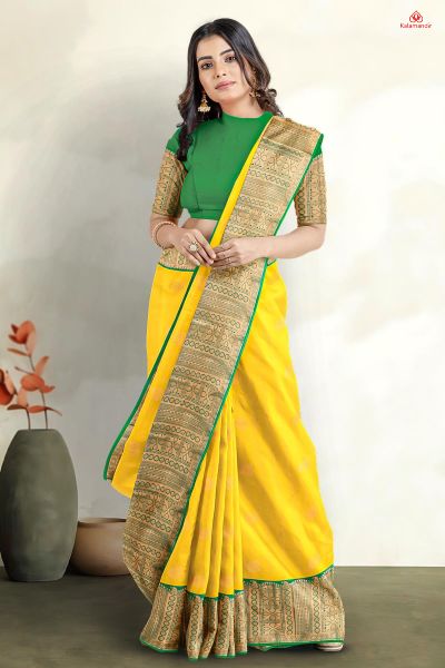 MUSTARD and SEA GREEN LINES AND FLORALS SILK Saree with KANCHIPURAM