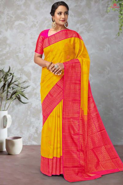 MUSTARD and PINK LINES AND FLORALS SILK Saree with KANCHIPURAM