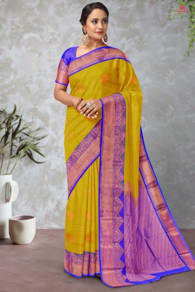 OLIVE GREEN and ROYAL BLUE LINES AND FLORALS SILK Saree with KANCHIPURAM
