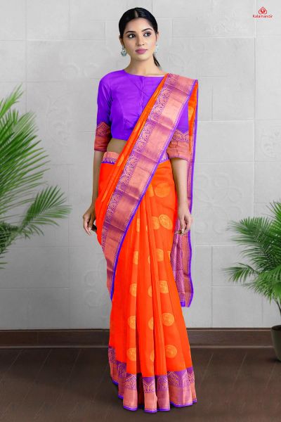 ORANGE and ROYAL BLUE LINES AND FLORALS SILK Saree with KANCHIPURAM