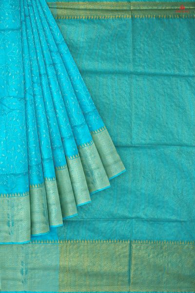 SKY BLUE and GOLD EMBROIDERED SILK Saree with FANCY