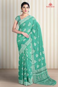 SEA GREEN and SILVER LEAF PRINT CHIFFON Saree with FANCY