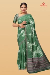 DARK OLIVE GREEN and OFF WHITE FLORALS SILK BLEND Saree with FANCY