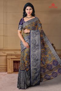 GREY and ROYAL BLUE FLORALS SOFT JUTE Saree with FANCY