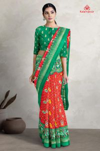 RED and DARK GREEN IKKAT PRINT SILK BLEND Saree with FANCY