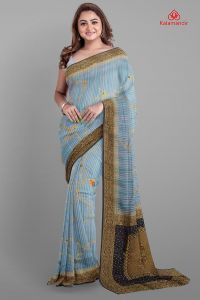SLATE BLUE and GOLD FLORAL JAAL VISCOSE SILK Saree with BANARASI FANCY