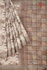 OFF WHITE and BROWN FLORALS LINEN Saree with FANCY