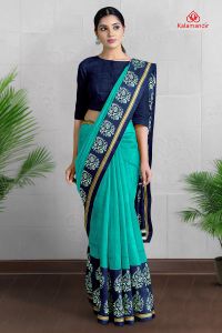 TEAL and ROYAL BLUE FLORALS SILK BLEND Saree with FANCY