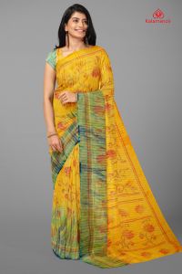 YELLOW and SKY BLUE FLORAL JAAL CHIFFON Saree with FANCY