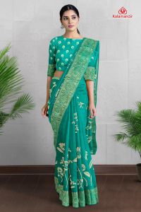 TEAL and CREAM FLORALS SILK BLEND Saree with FANCY