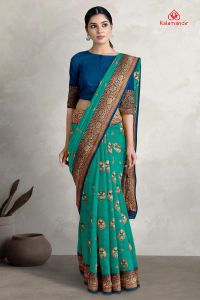 TEAL and DARK BLUE FLORALS SILK Saree with FANCY