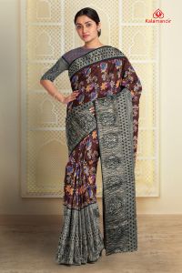 DARK MAROON and NAVY BLUE FLORALS SOFT JUTE Saree with FANCY