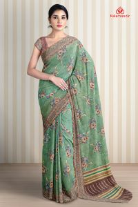 DARK OLIVE GREEN and BROWN FLORALS LINEN Saree with FANCY