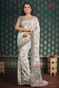 OFF WHITE and BROWN FLORALS LINEN Saree with FANCY