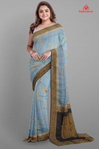SLATE BLUE and GOLD FLORAL JAAL VISCOSE SILK Saree with BANARASI FANCY