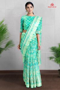 SEA GREEN and CREAM FLORAL JAAL SILK BLEND Saree with FANCY