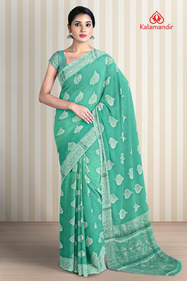 SEA GREEN and SILVER LEAF PRINT CHIFFON Saree with FANCY