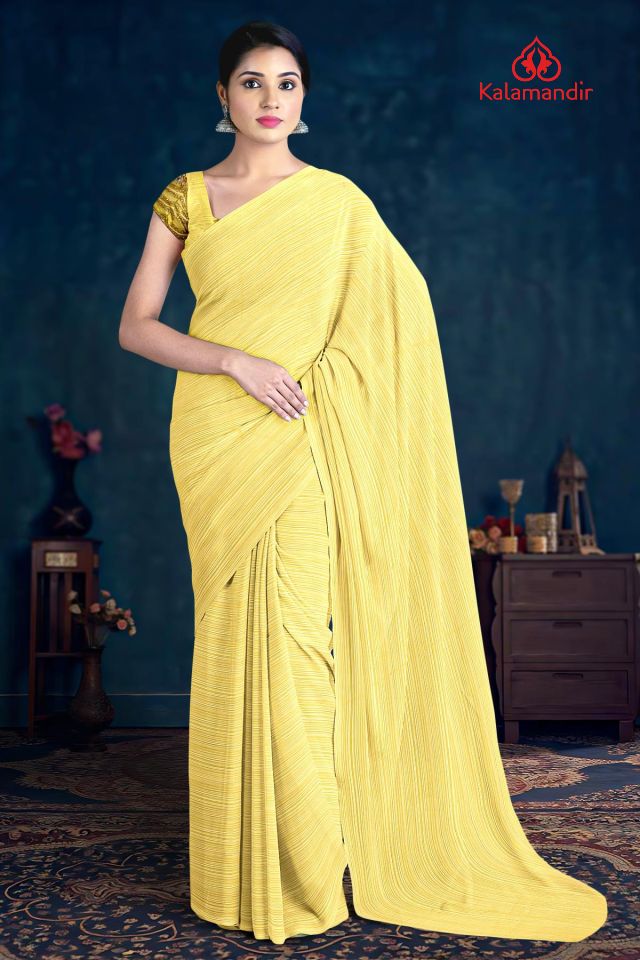 LIGHT YELLOW and PINK LINES CHIFFON Saree with FANCY