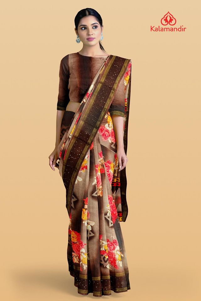 ROSSY BROWN and MULTI FLORALS SILK BLEND Saree with FANCY