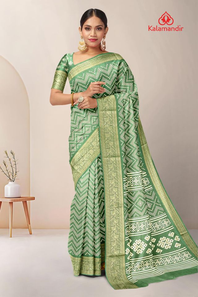 OLIVE GREEN and CREAM ZIG ZAG SILK BLEND Saree with FANCY
