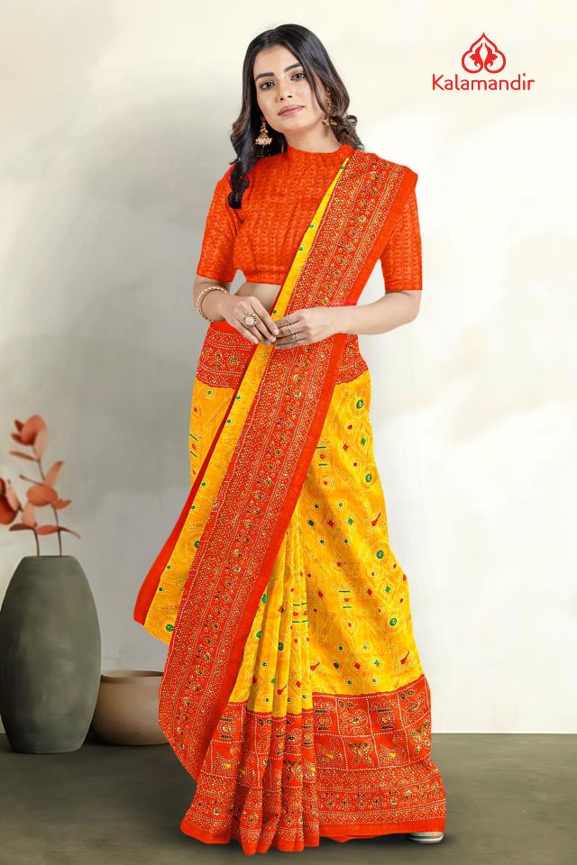 YELLOW and RED BANDANI PRINT SILK BLEND Saree with FANCY