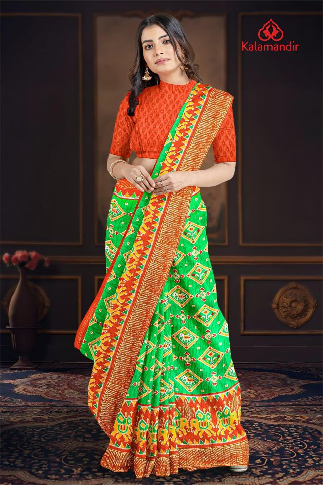 GREEN and RED IKKAT PRINT SILK BLEND Saree with FANCY