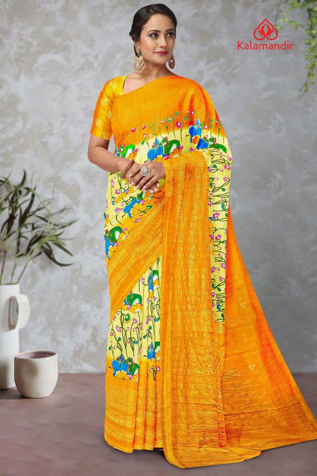 LIGHT YELLOW and MUSTARD FLORALS SILK BLEND Saree with FANCY