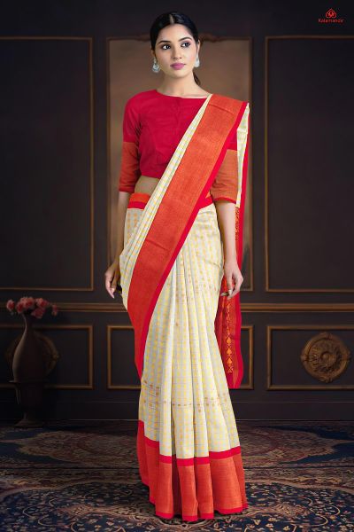 OFF WHITE and RED CHECKS AND BUTTIS SICO Saree with FANCY