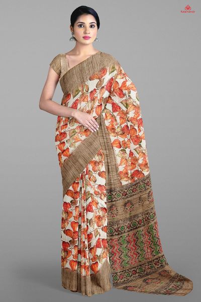 CREAM and RED FLORALS LINEN Saree with FANCY