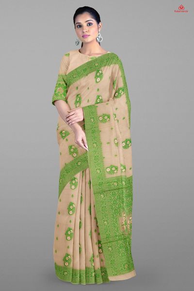 CREAM and GREEN FLORALS LINEN BLEND Saree with FANCY