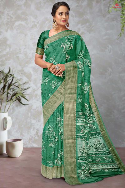 GREEN and GOLD FLORALS DOLA SILK Saree with FANCY