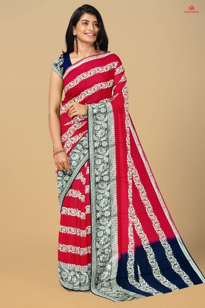 PINK and NAVY BLUE FLORALS VISCOSE SILK Saree with FANCY