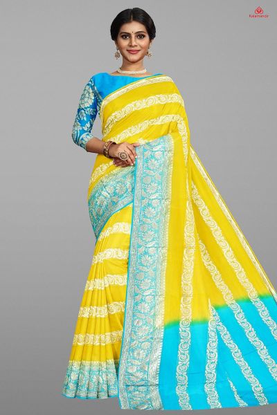 YELLOW and SKY BLUE FLORALS VISCOSE SILK Saree with FANCY