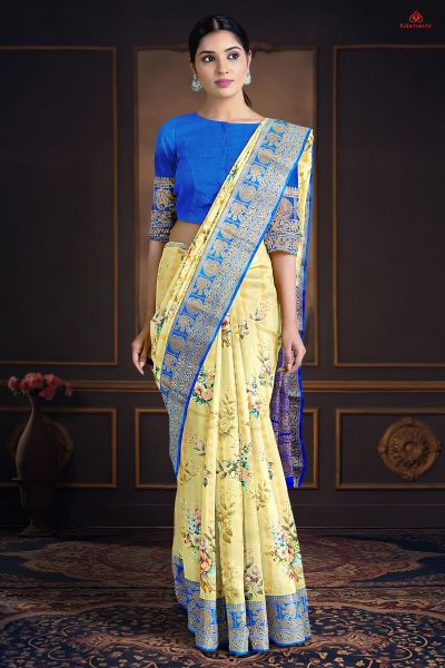 LIGHT OLIVE GREEN and ROYAL BLUE FLORALS SILK Saree with FANCY
