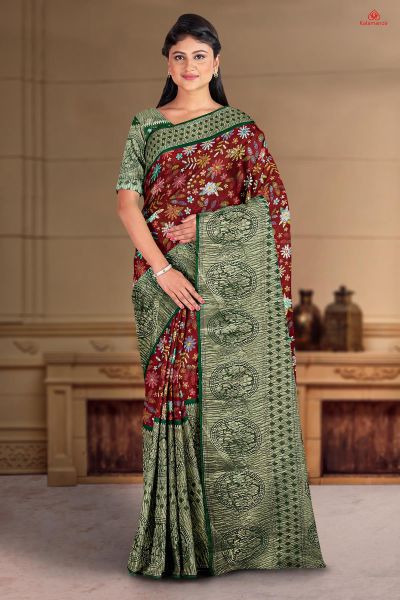 MAROON and DARK GREEN FLORALS SOFT JUTE Saree with FANCY