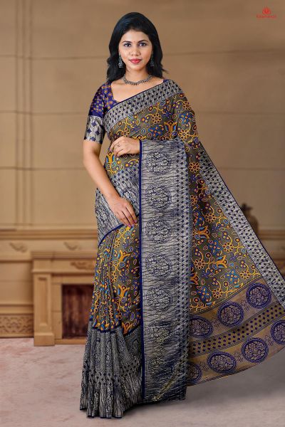 GREY and ROYAL BLUE FLORALS SOFT JUTE Saree with FANCY